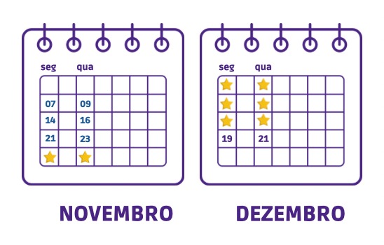 Calendário de 2022 com as datas das aulas.